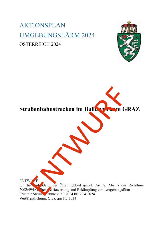 Titelseite des Aktionsplans für Straßenbahnen im Ballungsraum Graz mit dem Wasserzeichen "Entwurf"